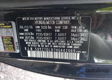 2017 Hyundai Santa Fe Sport 2.4L from USA, damaged, VIN 5XYZTDLB7HG442069